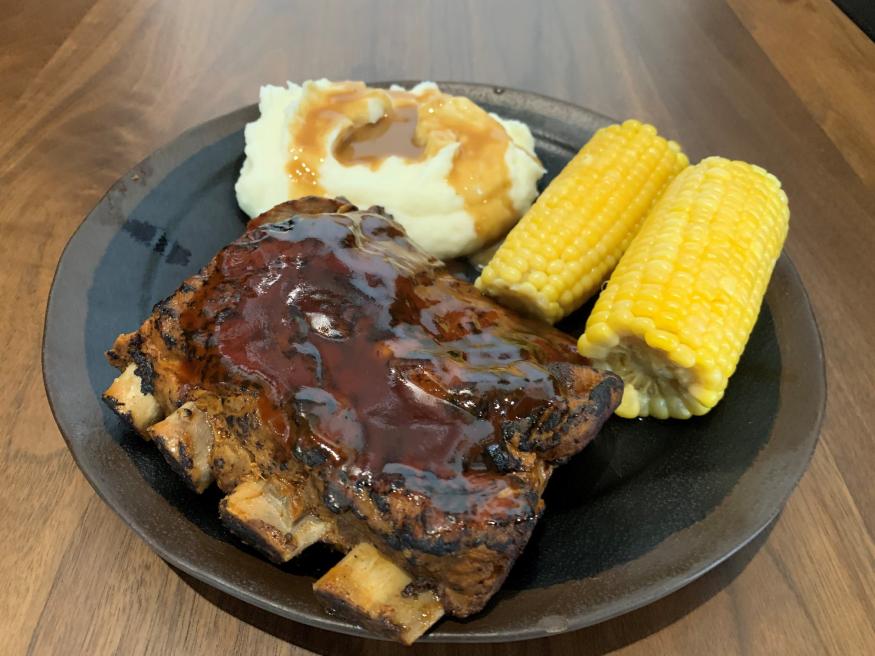 ribs, corn, and potatoes