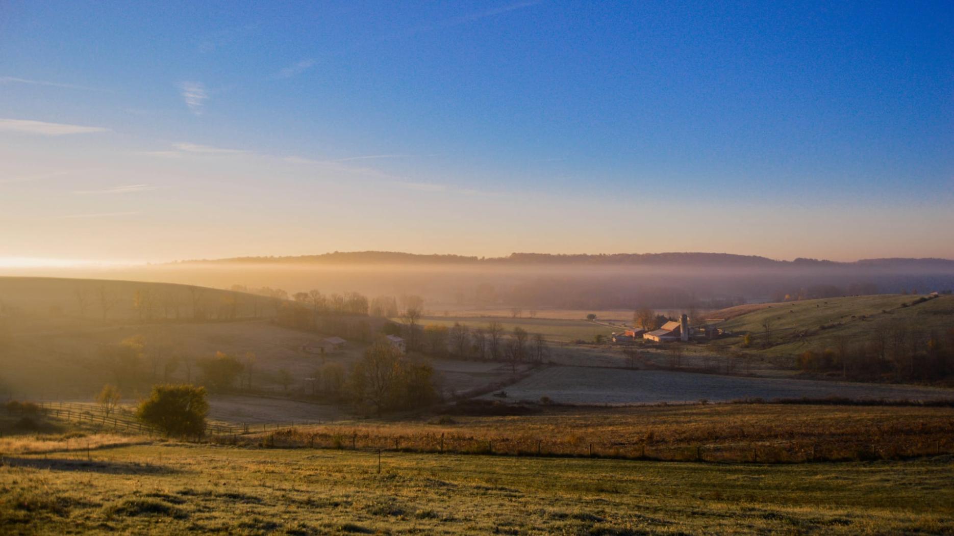Foggy hillside during sunrise in Holmes County, Ohio