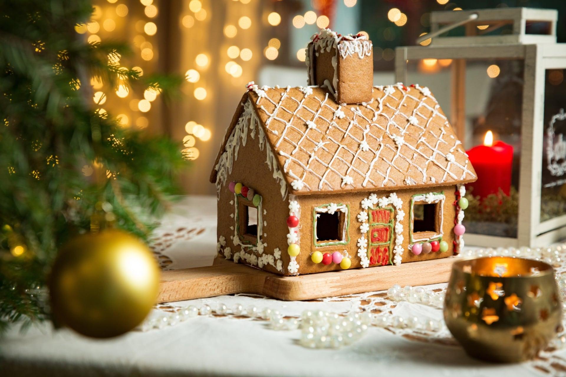 Gingerbread house on a Christmas table