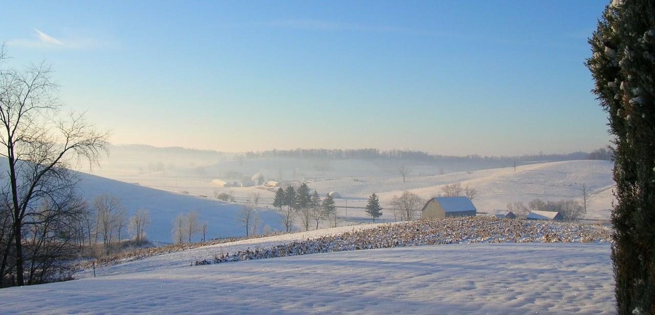 Freshly fallen snow on a hillside in Amish Country