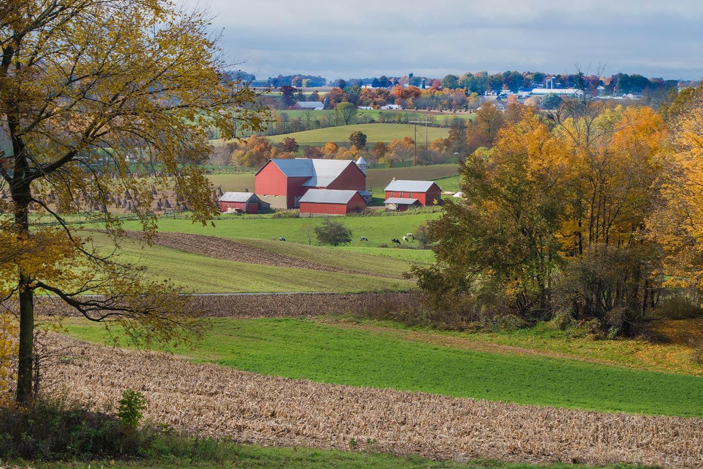 Serene view of a farm in Amish Country with a barn in the distance
